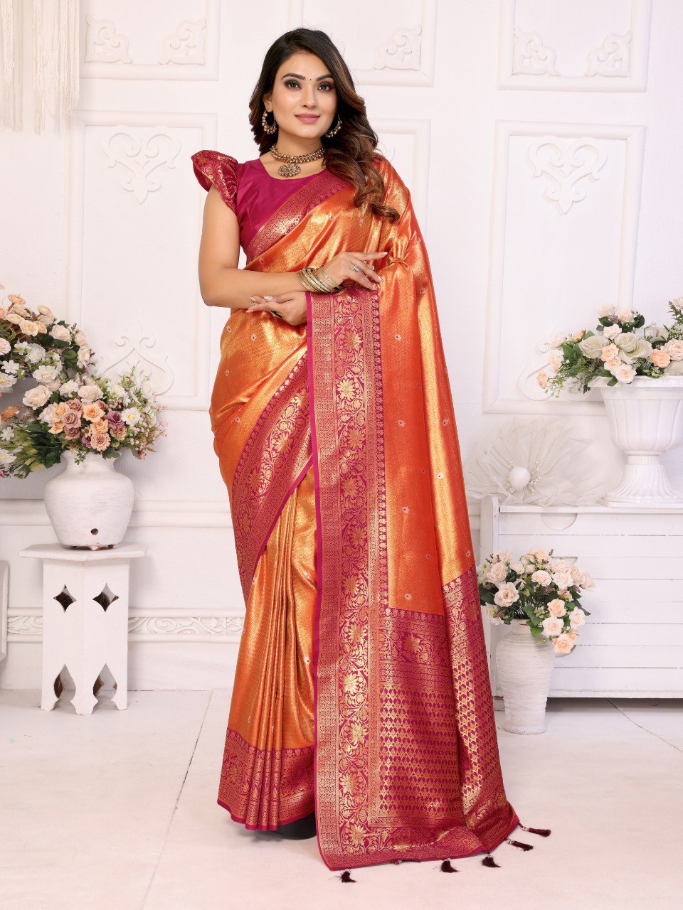 Anaita Orange Tissue Silk With Butti Weaving Saree With Blouse - Distacart