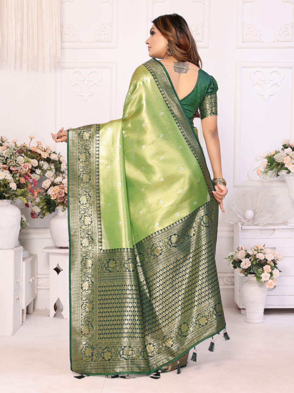 Anaita Light Green Tissue Silk With Butti Weaving Saree With Blouse - Distacart