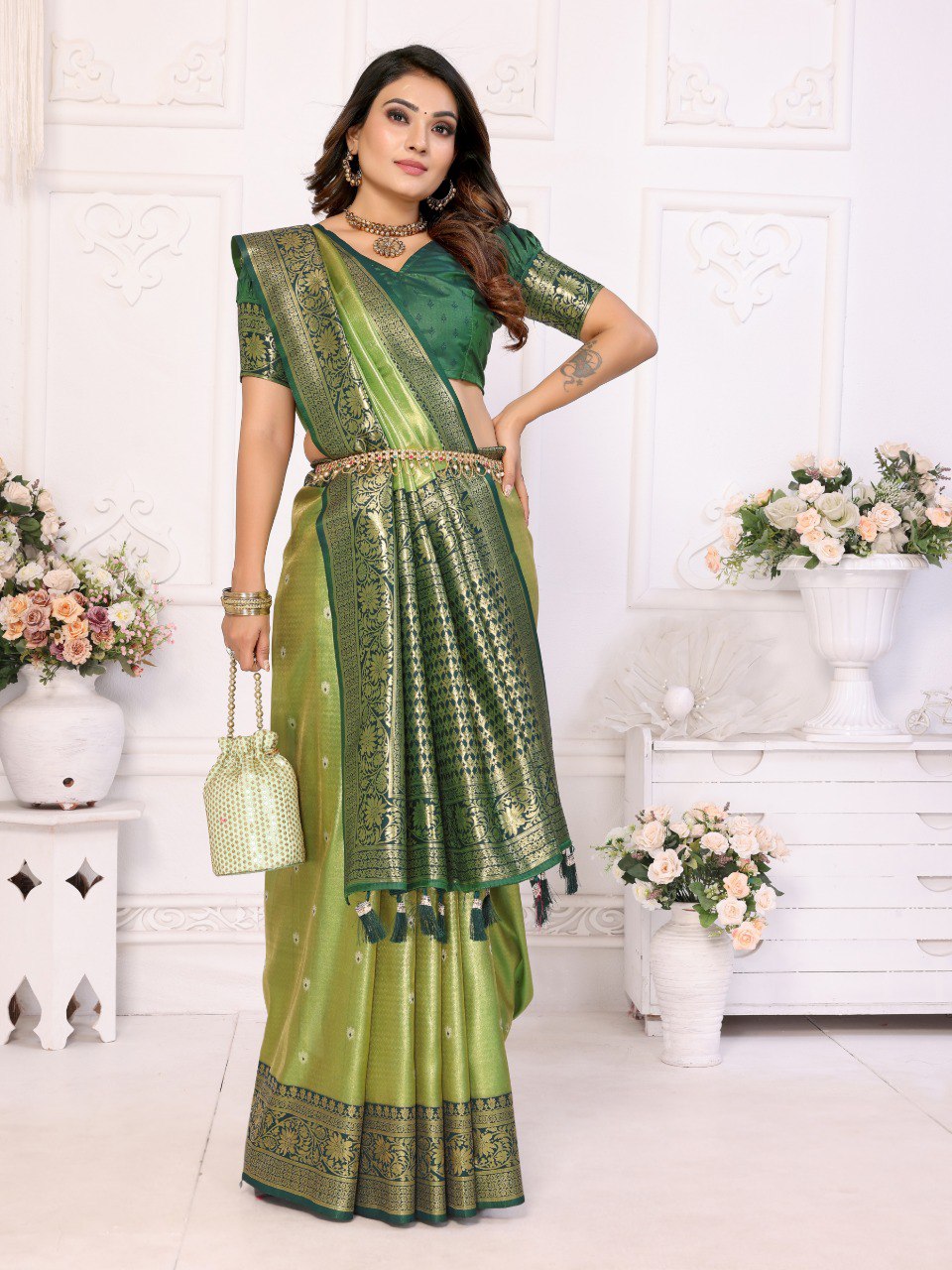 Anaita Light Green Tissue Silk With Butti Weaving Saree With Blouse - Distacart