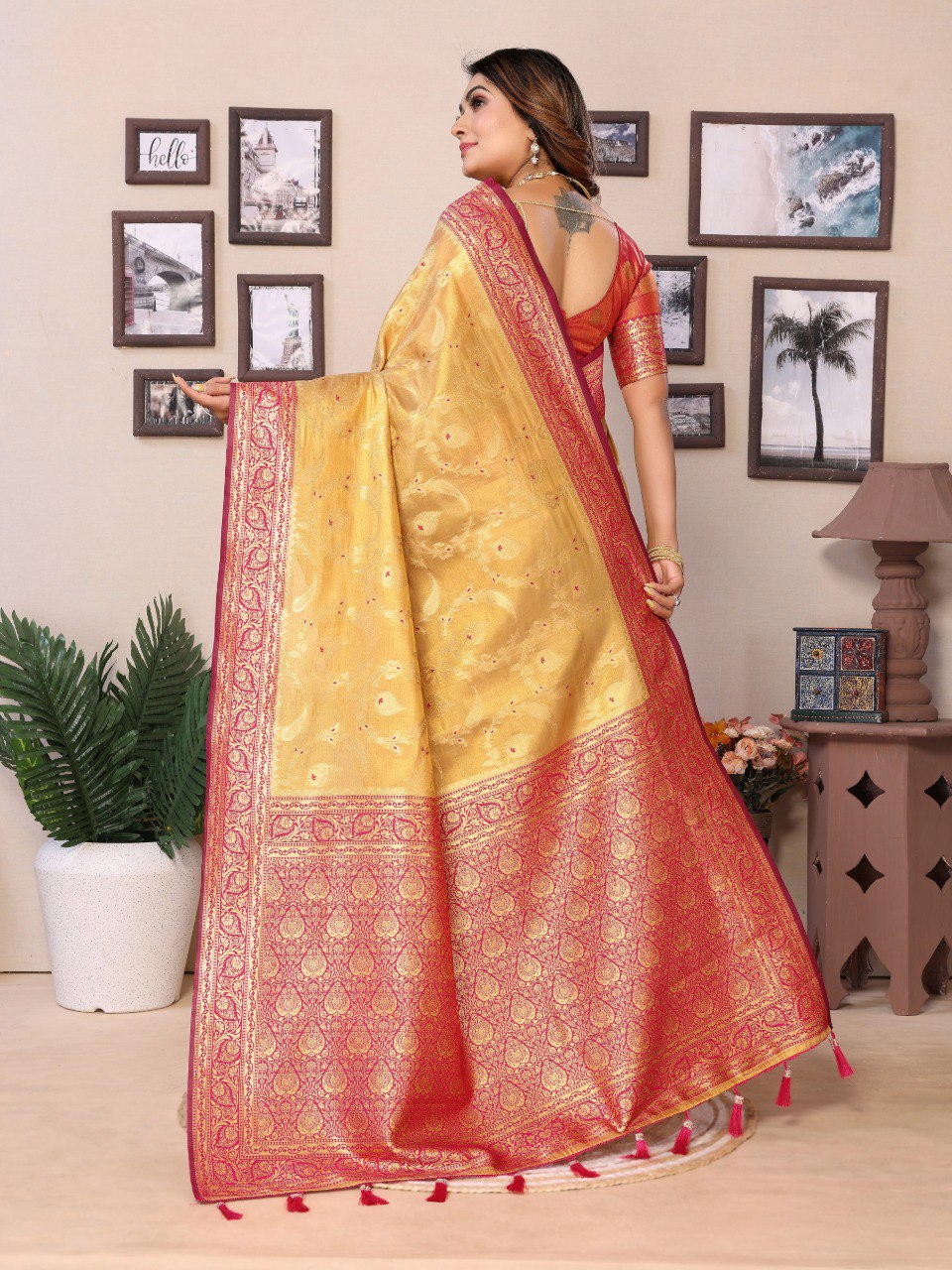 Anaita Golden Tissue Silk With Jaal Weaving Saree With Blouse - Distacart