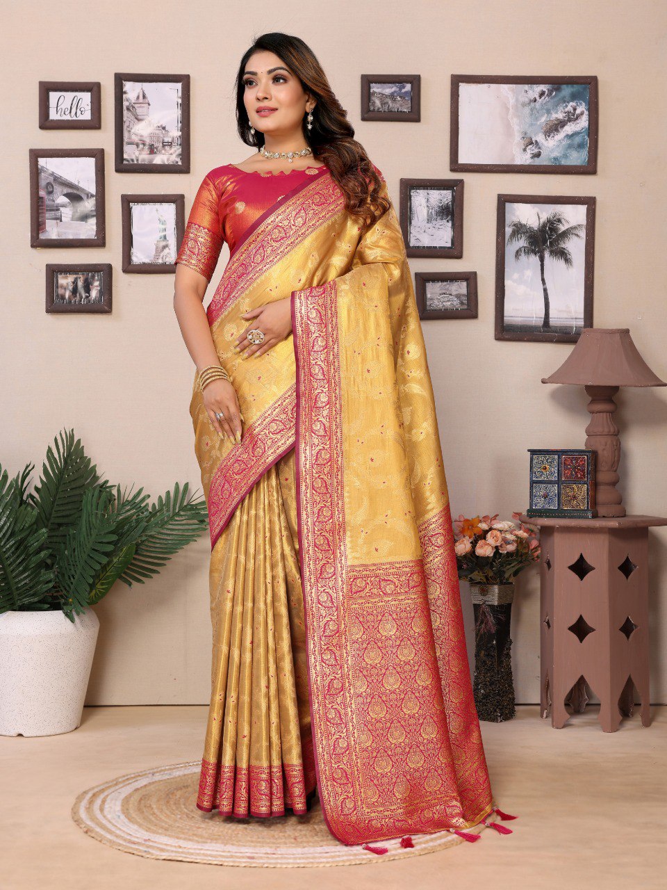 Anaita Golden Tissue Silk With Jaal Weaving Saree With Blouse - Distacart