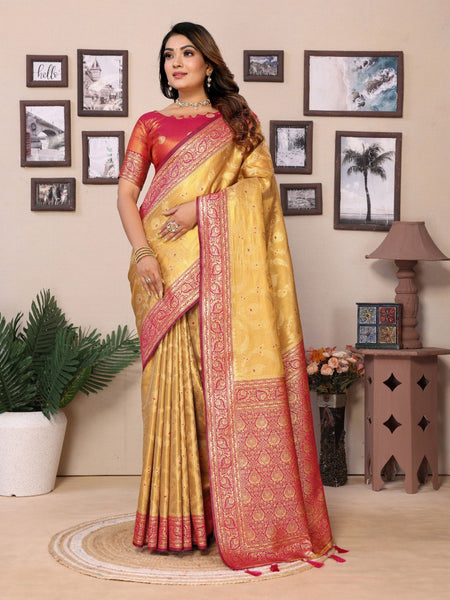 Anaita Golden Tissue Silk With Jaal Weaving Saree With Blouse