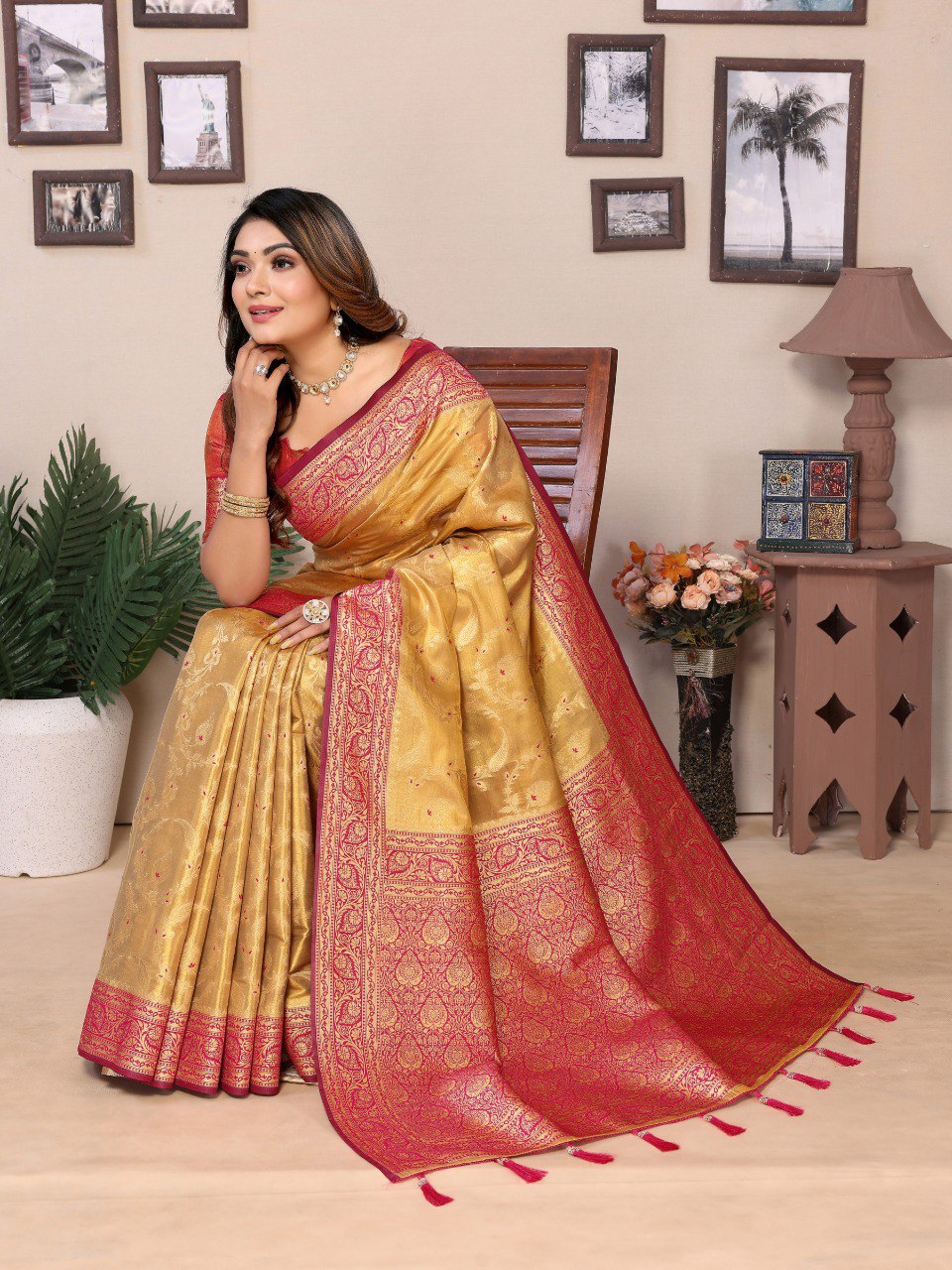 Anaita Golden Tissue Silk With Jaal Weaving Saree With Blouse - Distacart