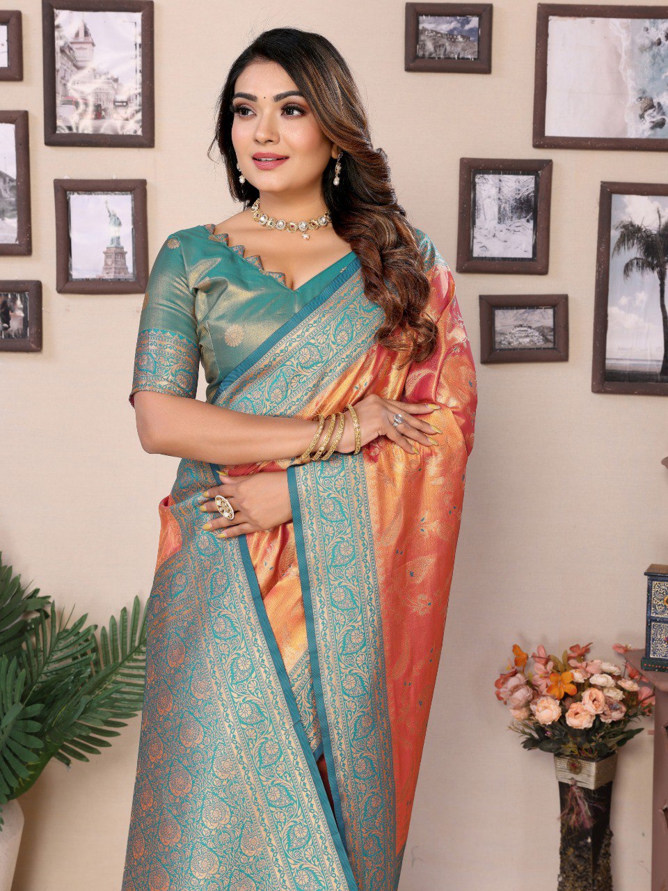 Anaita Orange Tissue Silk With Jaal Weaving Saree With Blouse - Distacart