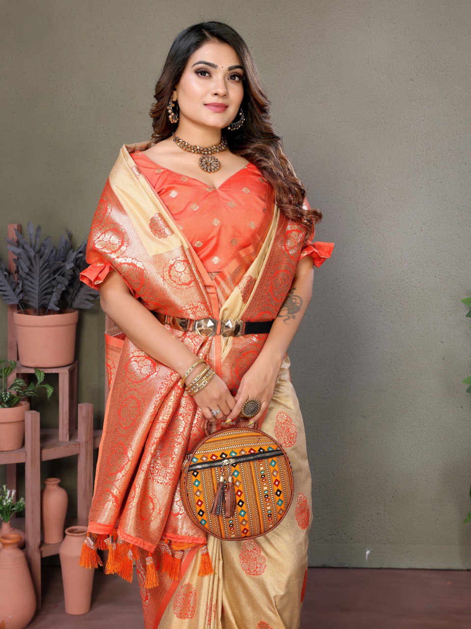 Anaita Orange Viscose Silk With Butties Weaving Saree With Blouse - Distacart