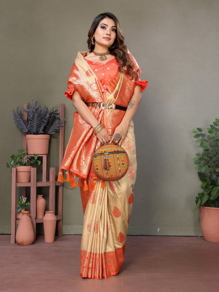 Anaita Orange Viscose Silk With Butties Weaving Saree With Blouse