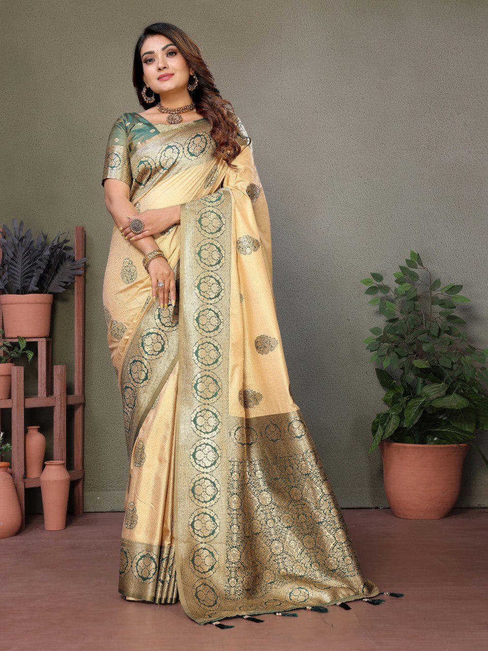 Anaita Dark Green Viscose Silk With Butties Weaving Saree With Blouse - Distacart