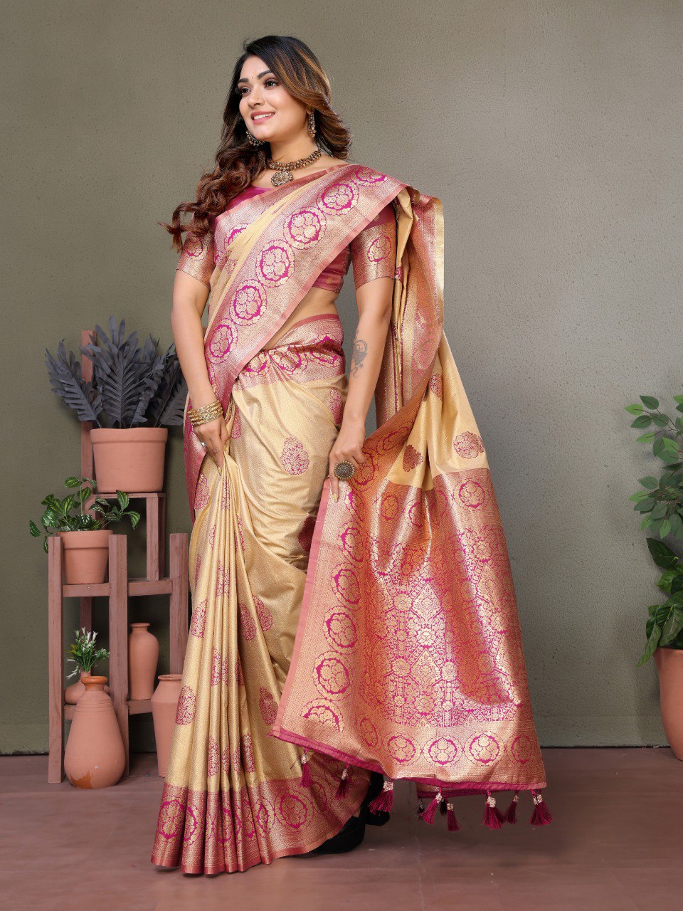 Anaita Rani Pink Viscose Silk With Butties Weaving Saree With Blouse - Distacart