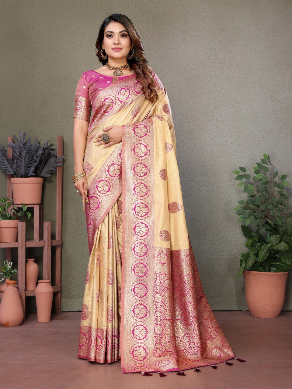 Anaita Rani Pink Viscose Silk With Butties Weaving Saree With Blouse - Distacart