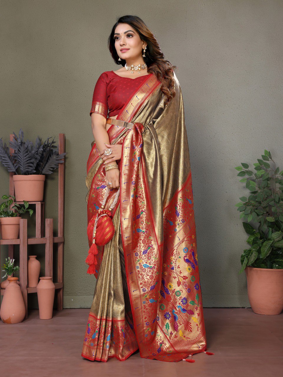 Anaita Mehendi Tissue Silk With Paithani Woven Saree With Blouse - Distacart