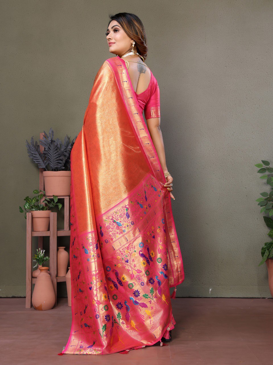 Anaita Orange Tissue Silk With Paithani Woven Saree With Blouse - Distacart