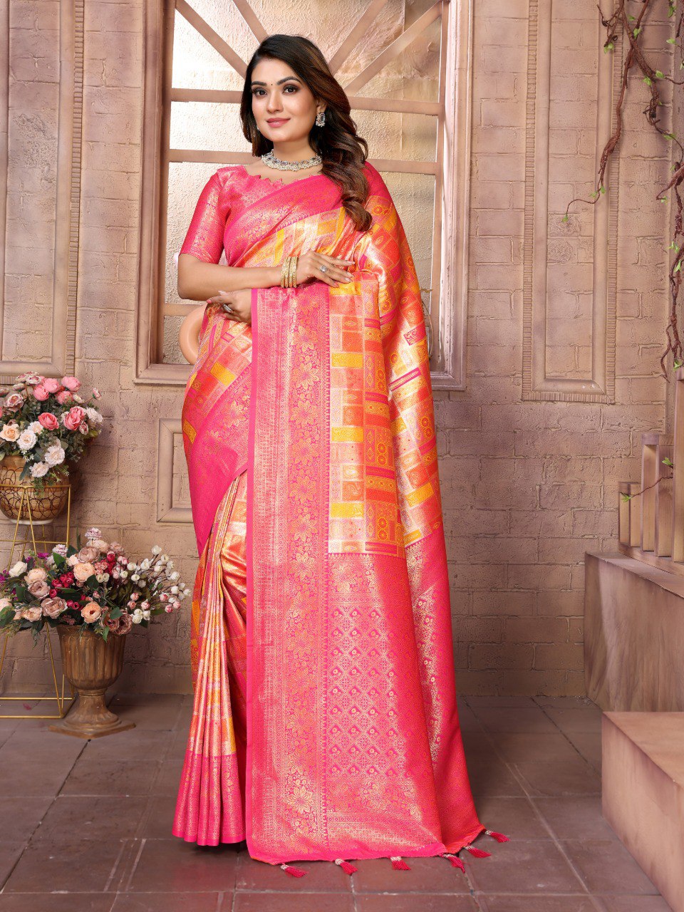 Anaita Orange Banarasi Chaturi Silk With Zari Weaving Saree With Blouse - Distacart