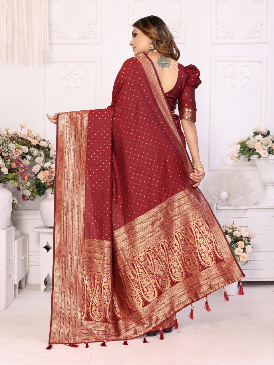 Anaita Dark Maroon Silk With Zari Weaving Saree With Blouse - Distacart
