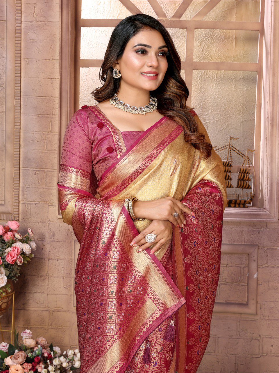 Anaita Cream Tissue Silk With Weaving Saree With Blouse - Distacart