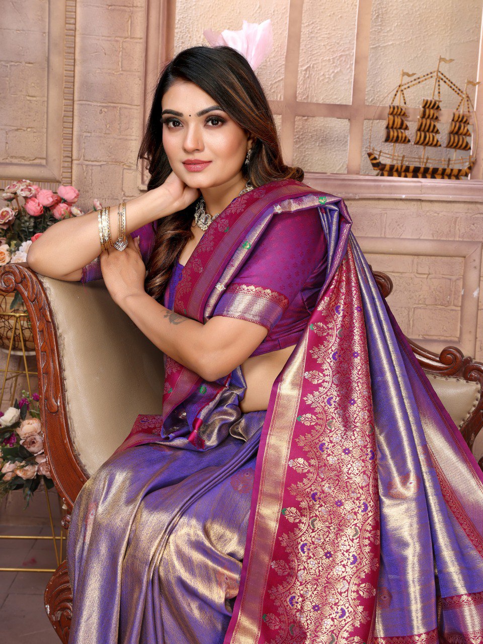 Anaita Lavender Tissue Silk With Weaving Saree With Blouse - Distacart