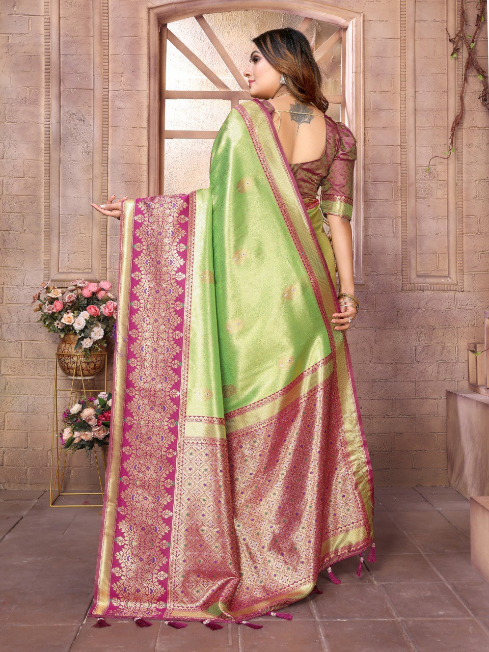 Anaita Light Green Tissue Silk With Weaving Saree With Blouse - Distacart