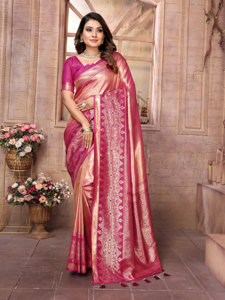 Anaita Peach Tissue Silk With Weaving Saree With Blouse