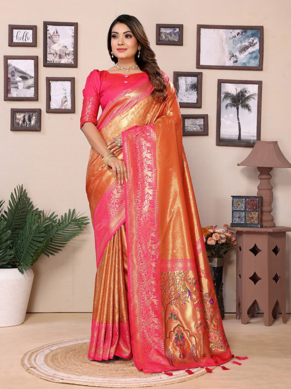Anaita Orange Tissue Silk With Weaving Saree With Blouse - Distacart
