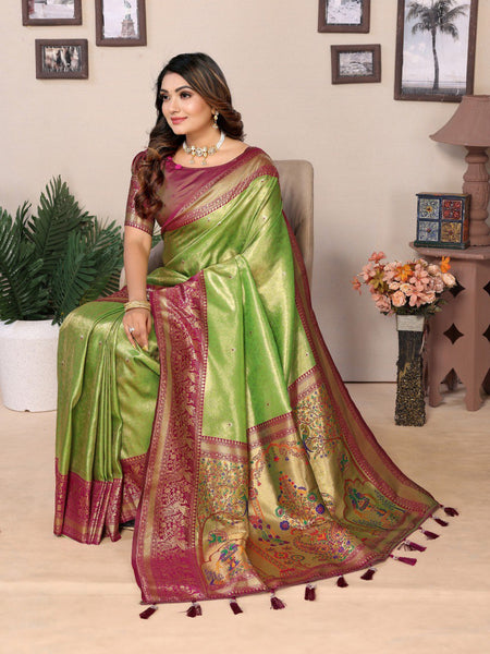 Anaita Light Green Tissue Silk With Weaving Saree With Blouse