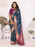 Anaita Navy Blue Silk Weaving Saree With Blouse - Distacart