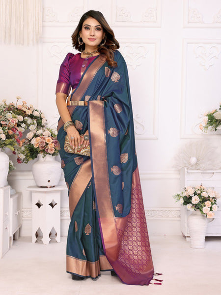 Anaita Navy Blue Silk Weaving Saree With Blouse