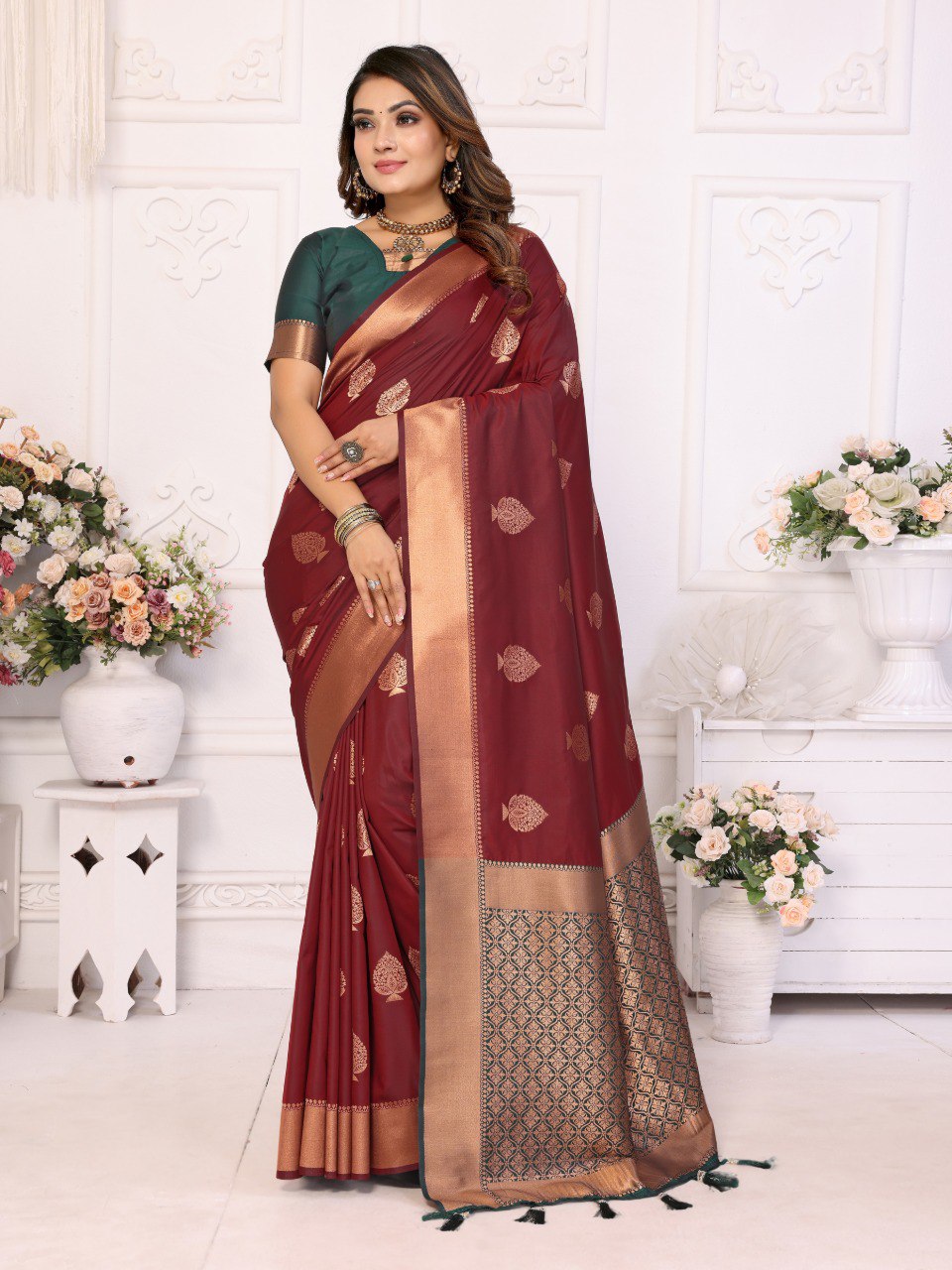 Anaita Maroon Weaving Saree With Blouse - Distacart