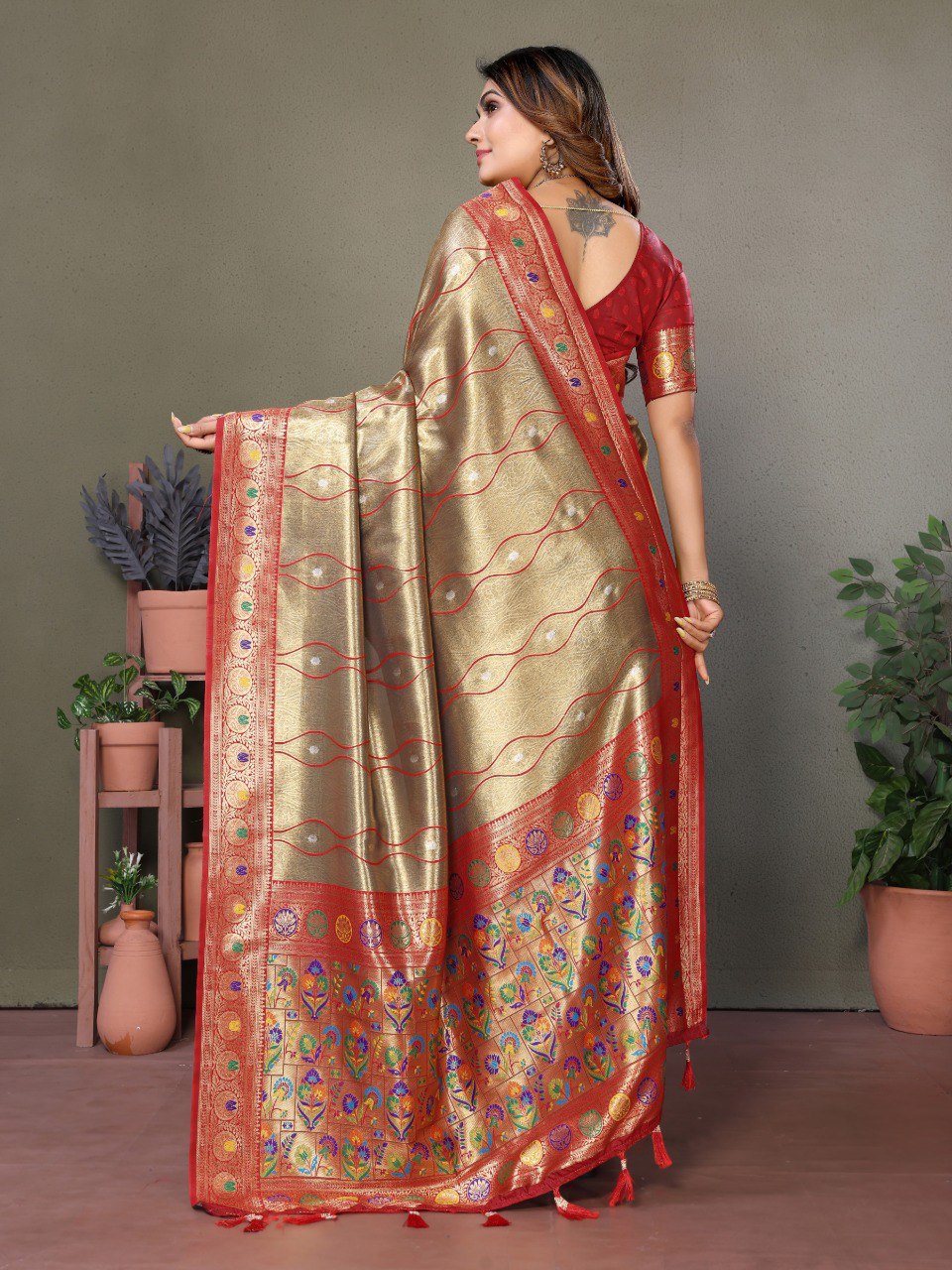 Anaita Light Red Tissue Silk With Weaving Saree With Blouse - Distacart