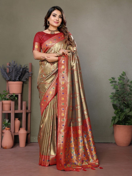 Anaita Light Red Tissue Silk With Weaving Saree With Blouse