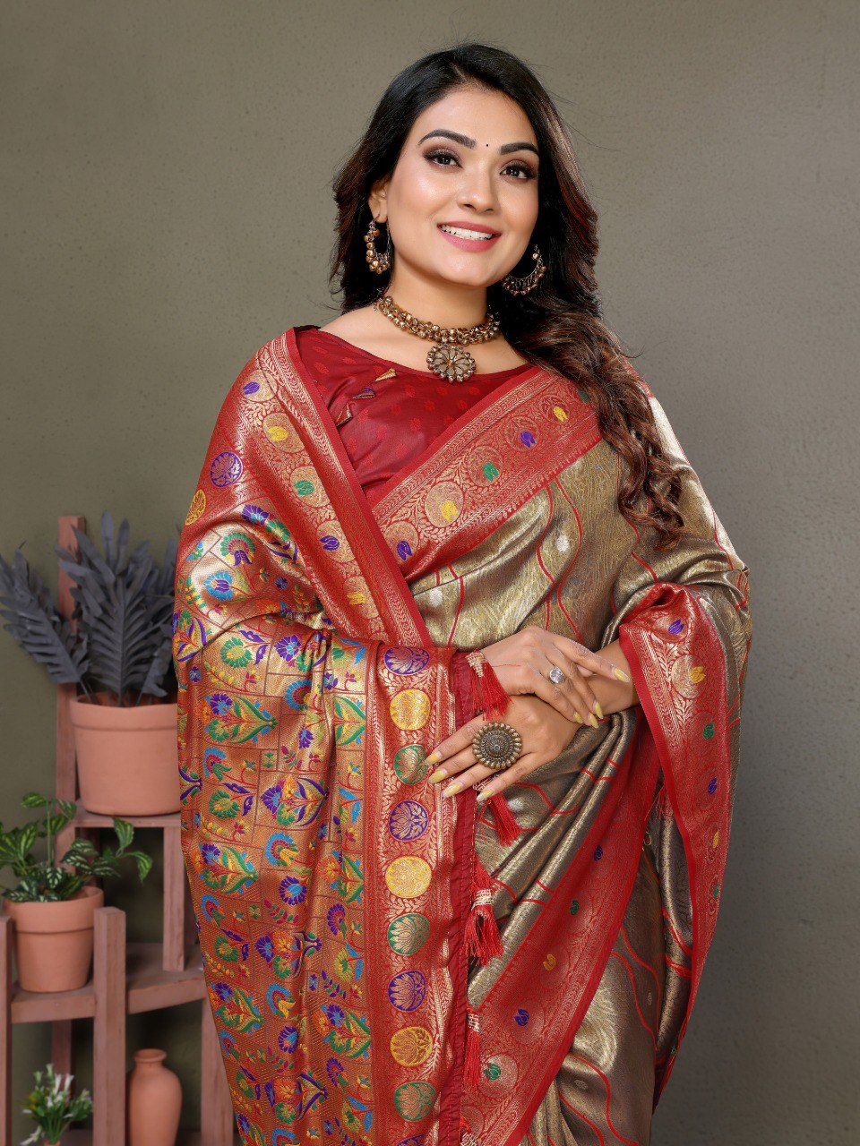 Anaita Light Red Tissue Silk With Weaving Saree With Blouse - Distacart