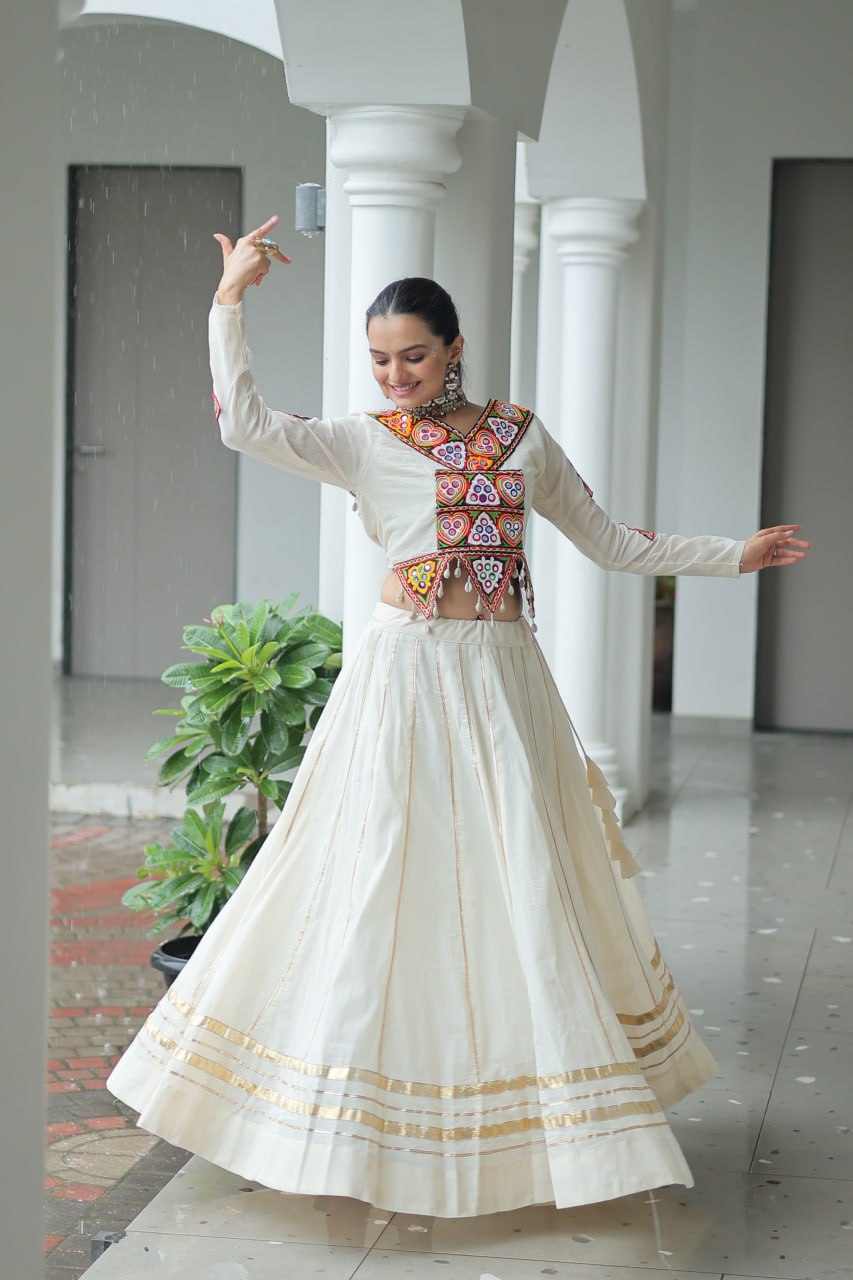 Evanik Navratri Off White Kora Cotton With Kutchi Work Stitched Lehenga Choli