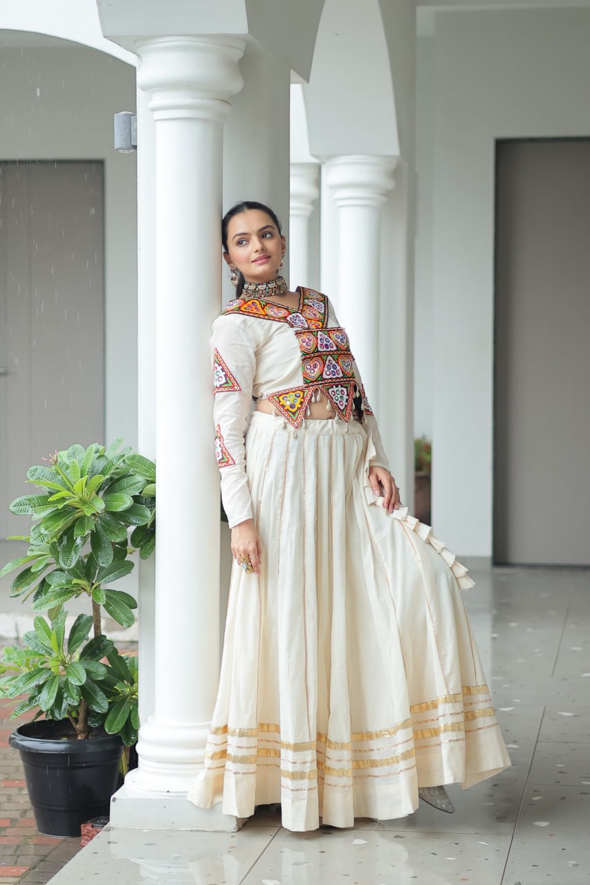 Evanik Navratri Off White Kora Cotton With Kutchi Work Stitched Lehenga Choli