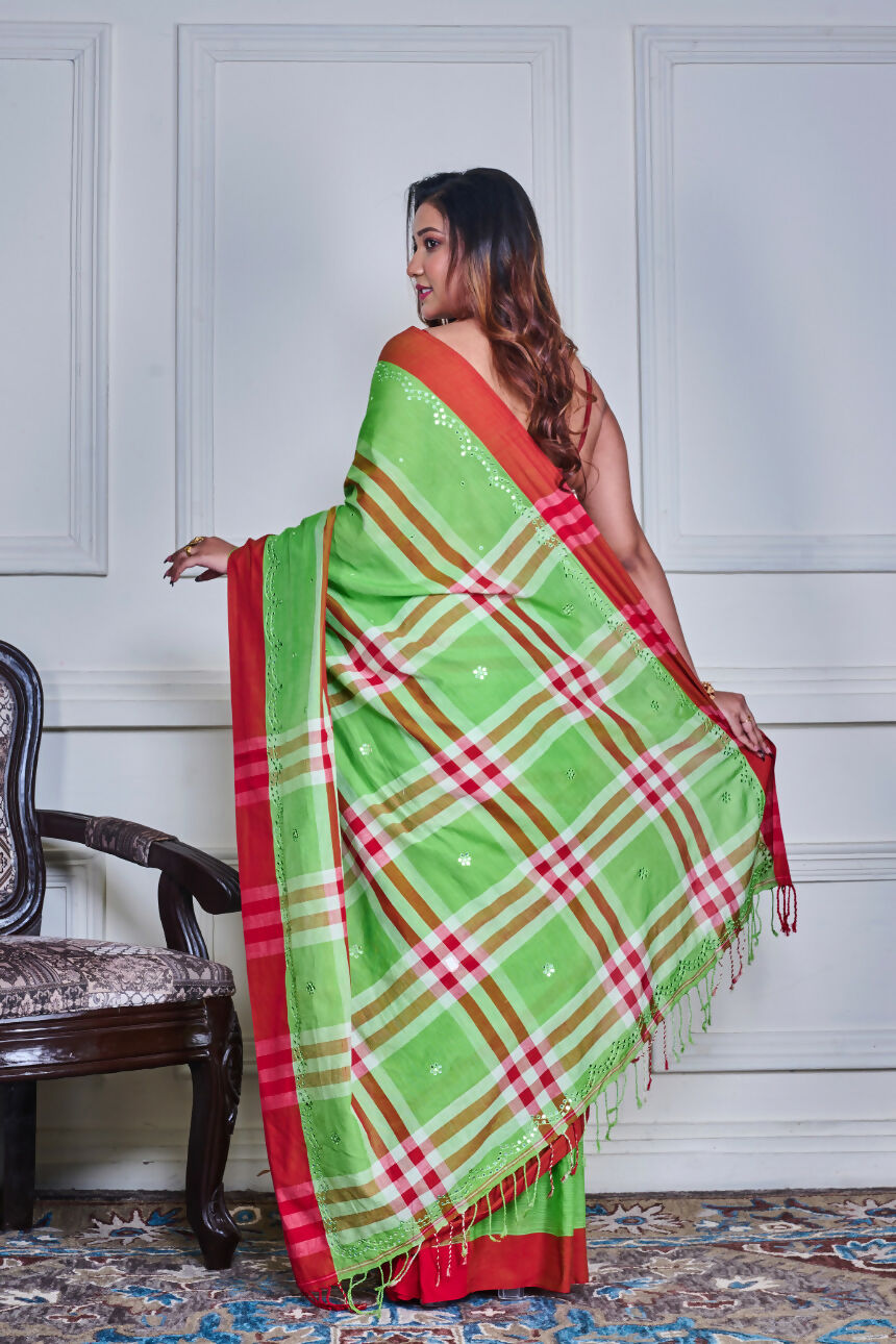 Morchari Green Cotton Handloom Mirror Work Saree Unstitched Blouse - Distacart