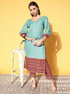 Ahalyaa Women's Teal Cotton Blend Digital Printed Kurta Pant Set - Distacart