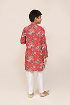Joban Fashion Cotton Silk Red Kurta With Straight Fit Pant