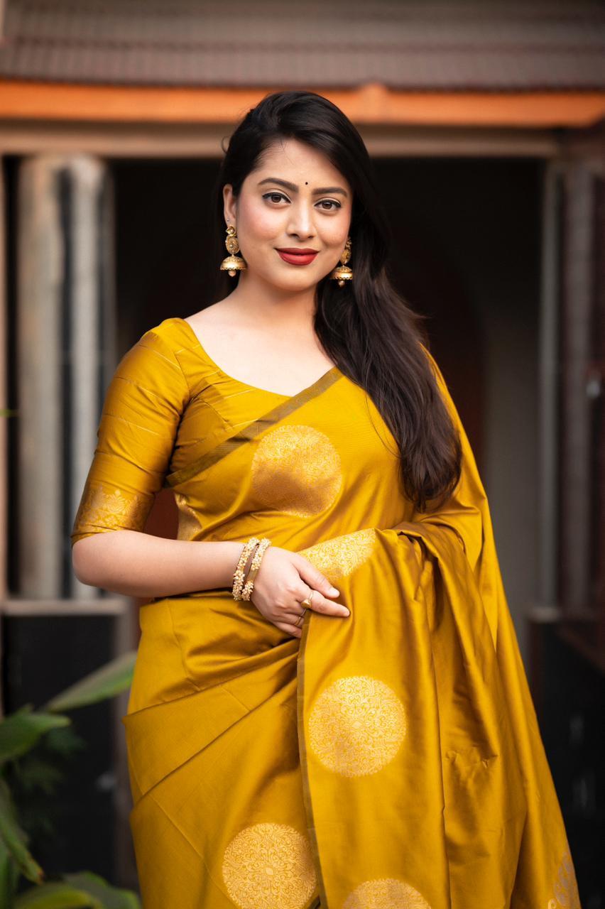 Mustard Silk Woven Saree with Unstitched Blouse - Hiral Fashion