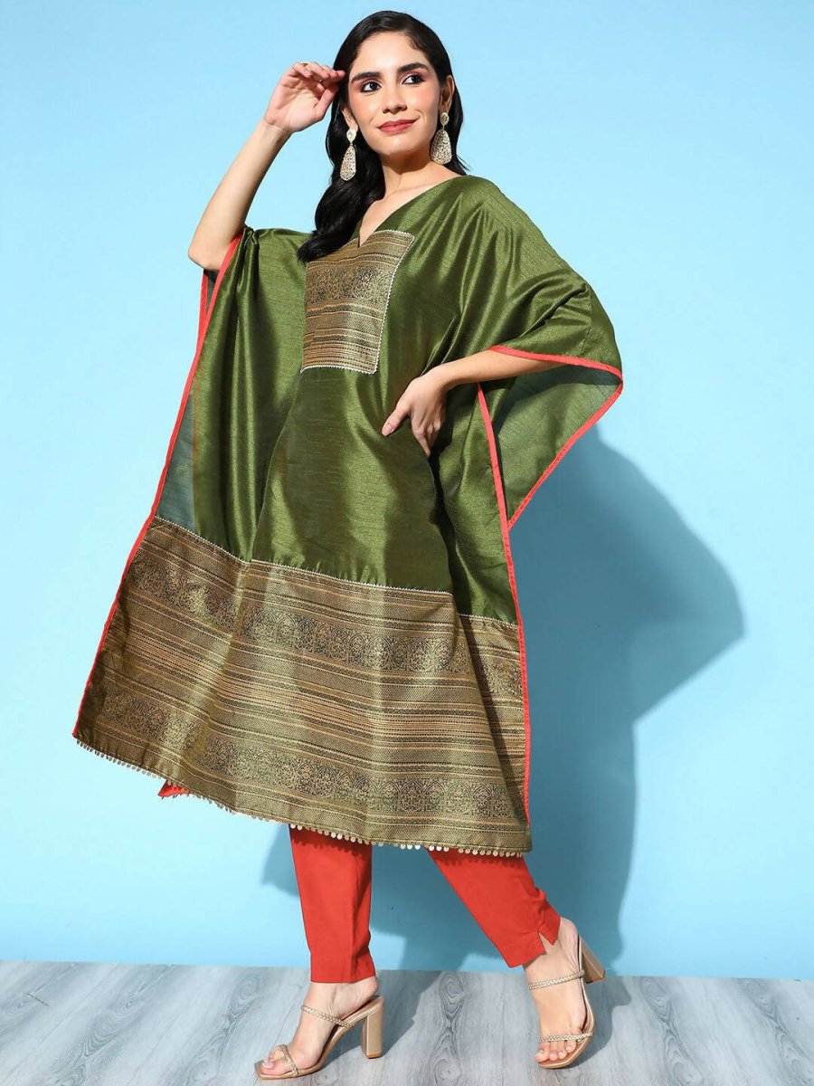 Ahalyaa Women Mehendi Poly Silk Gold Printed Kaftan Kurta - Distacart