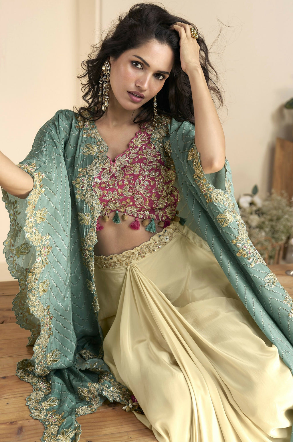 Anaita Maroon Chinon Readymade Shrug Suit with Embroidery Sequence Work - Distacart