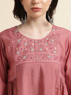 Pink Chinon Yoke Embroidered A-line Top - Tarini