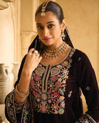 Anaita Maroon Embroidered Velvet Stitched Plazo Suit - Distacart