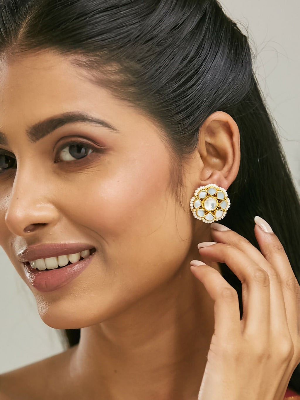 Nuyug 22K Gold-Plated Elegant Kundan Studded & Pearls Beaded Floral Studs - Distacart