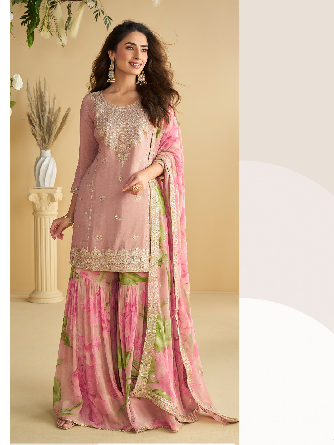 Evanik Women Pink Chinon Silk Zari Embroidered Sequins Sharara Suit - Distacart