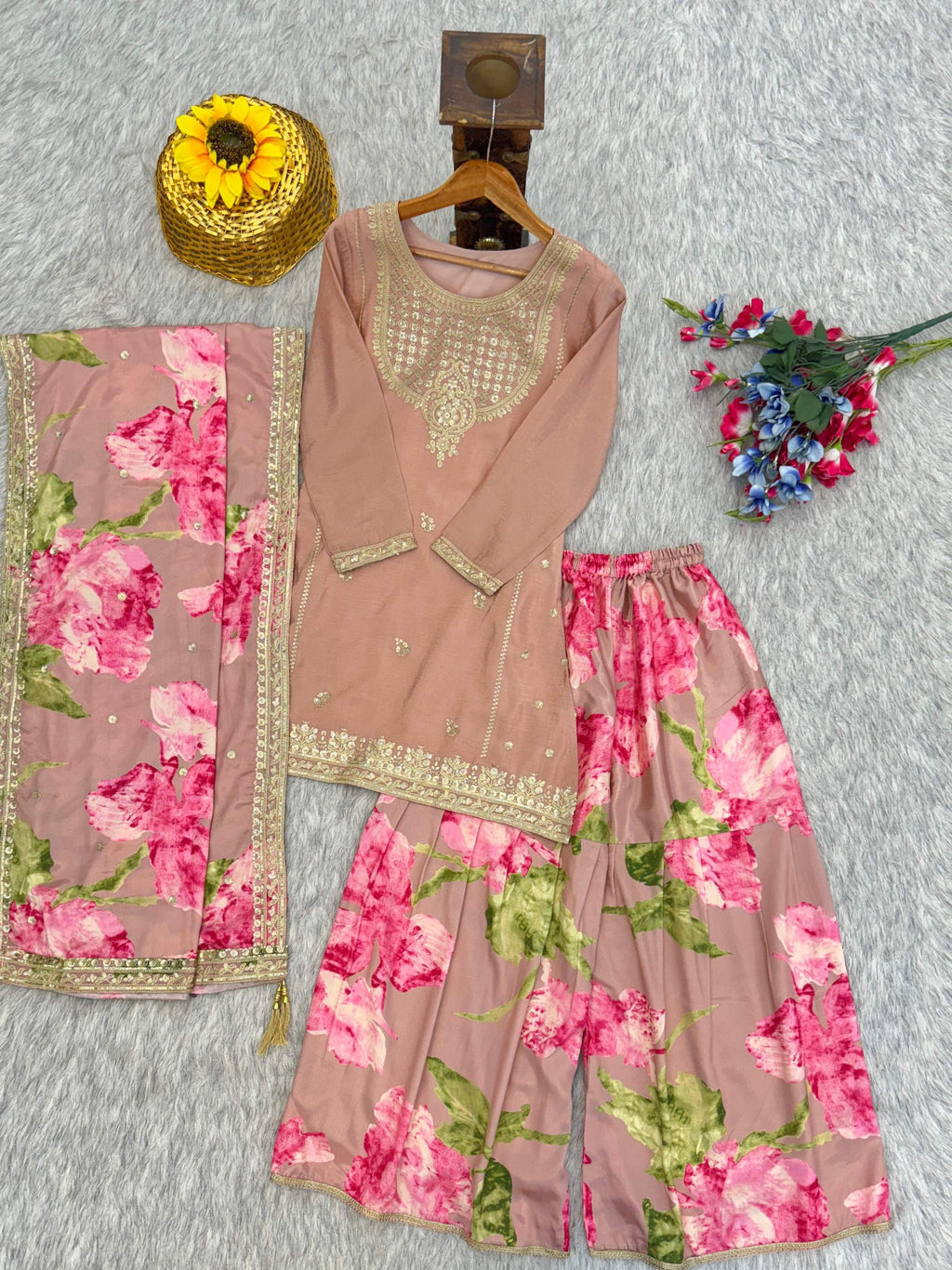 Evanik Women Pink Chinon Silk Zari Embroidered Sequins Sharara Suit - Distacart