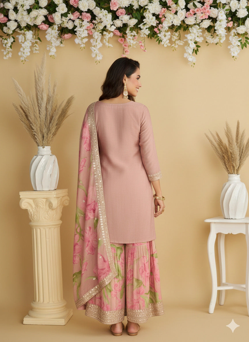 Evanik Women Pink Chinon Silk Zari Embroidered Sequins Sharara Suit - Distacart