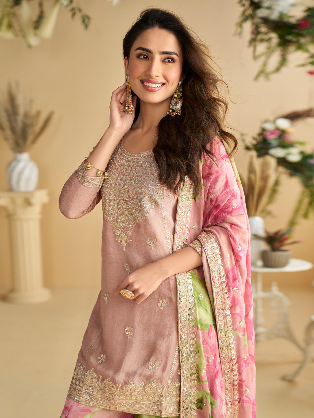 Evanik Women Pink Chinon Silk Zari Embroidered Sequins Sharara Suit - Distacart