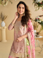 Evanik Women Pink Chinon Silk Zari Embroidered Sequins Sharara Suit - Distacart