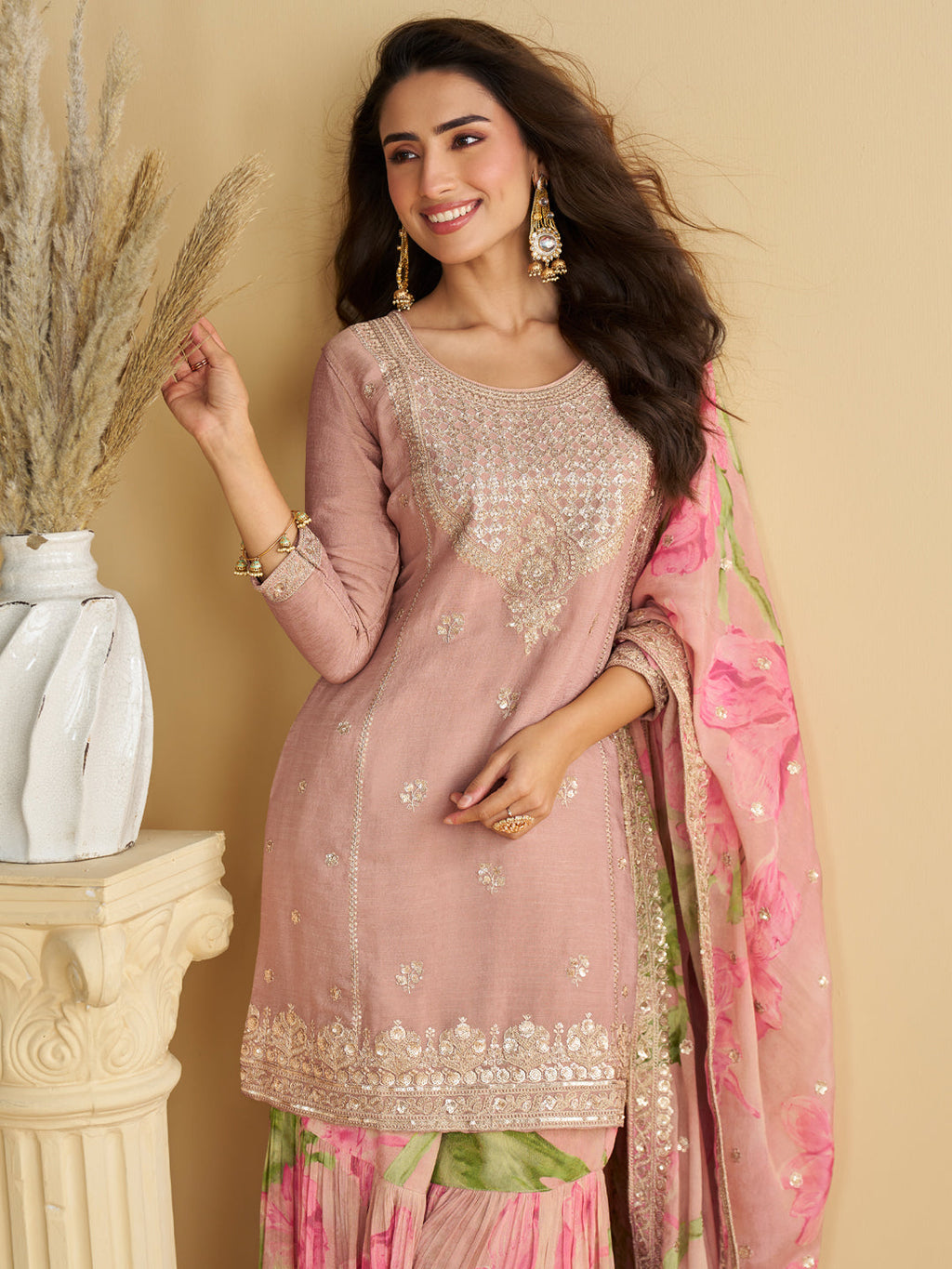 Evanik Women Pink Chinon Silk Zari Embroidered Sequins Sharara Suit - Distacart