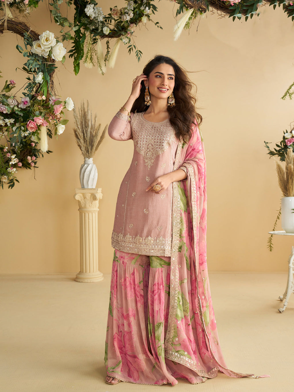 Evanik Women Pink Chinon Silk Zari Embroidered Sequins Sharara Suit - Distacart