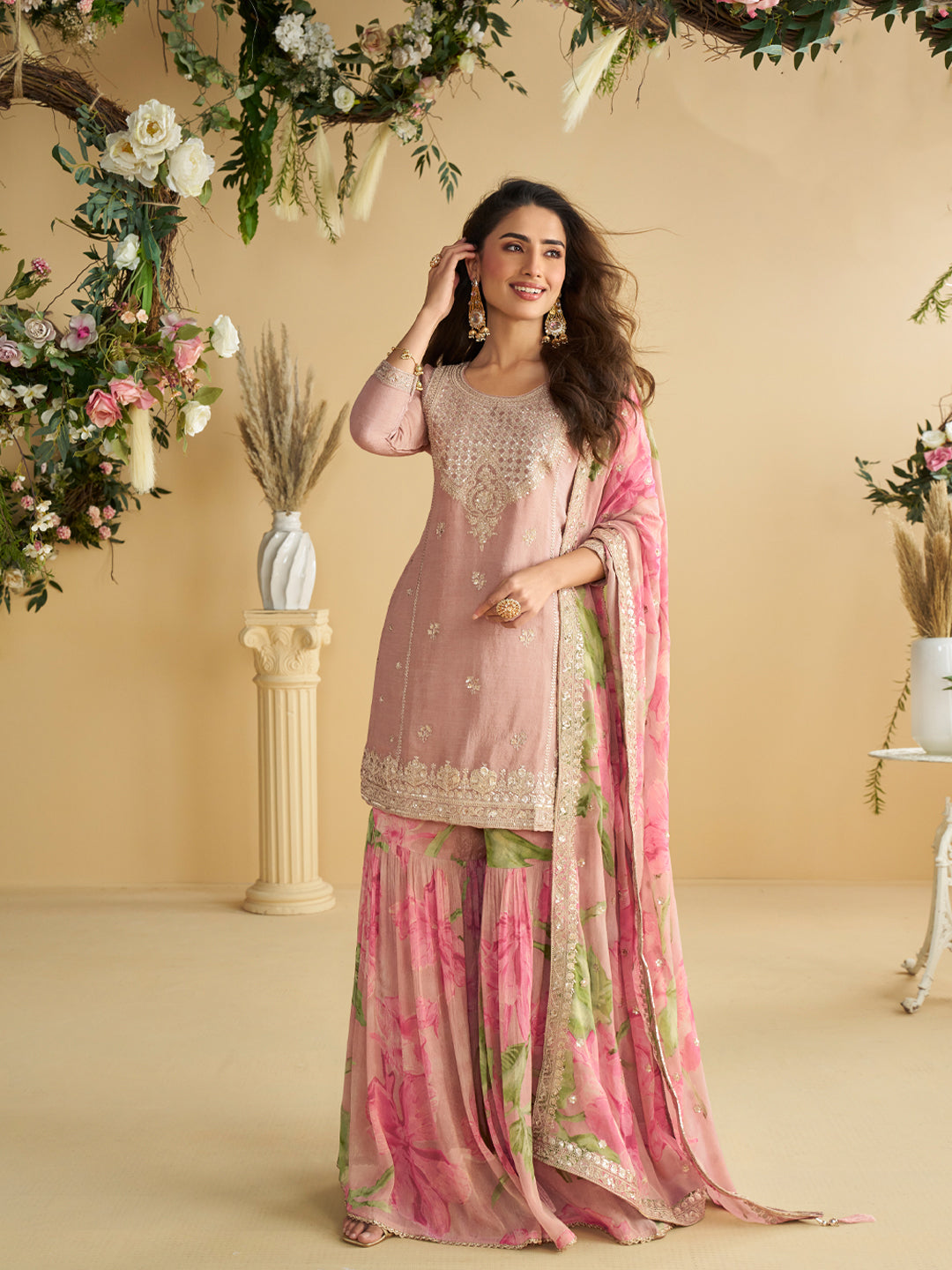 Evanik Women Pink Chinon Silk Zari Embroidered Sequins Sharara Suit - Distacart