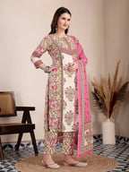 Yufta Pink And Beige Pure Cotton Floral Sequins Work Kurta Dupatta Set