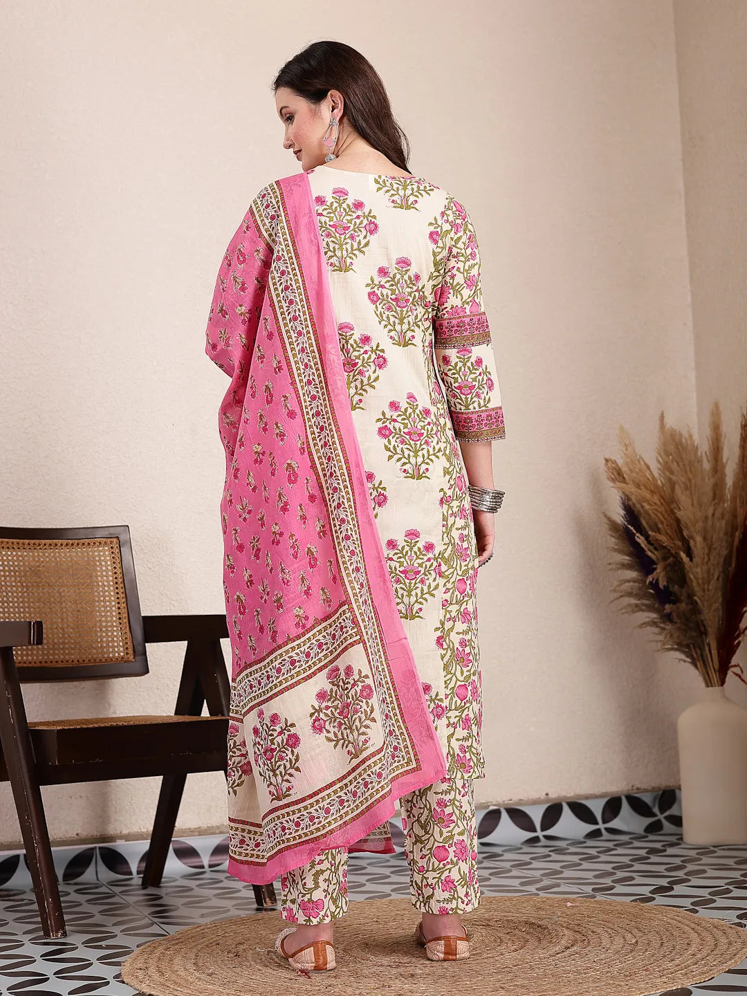 Yufta Pink And Beige Pure Cotton Floral Sequins Work Kurta Dupatta Set